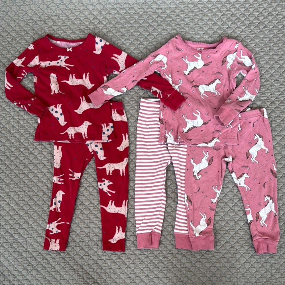 Carter's Red and Pink Pajama Sets Bundle with Dog and Unicorn Patterns